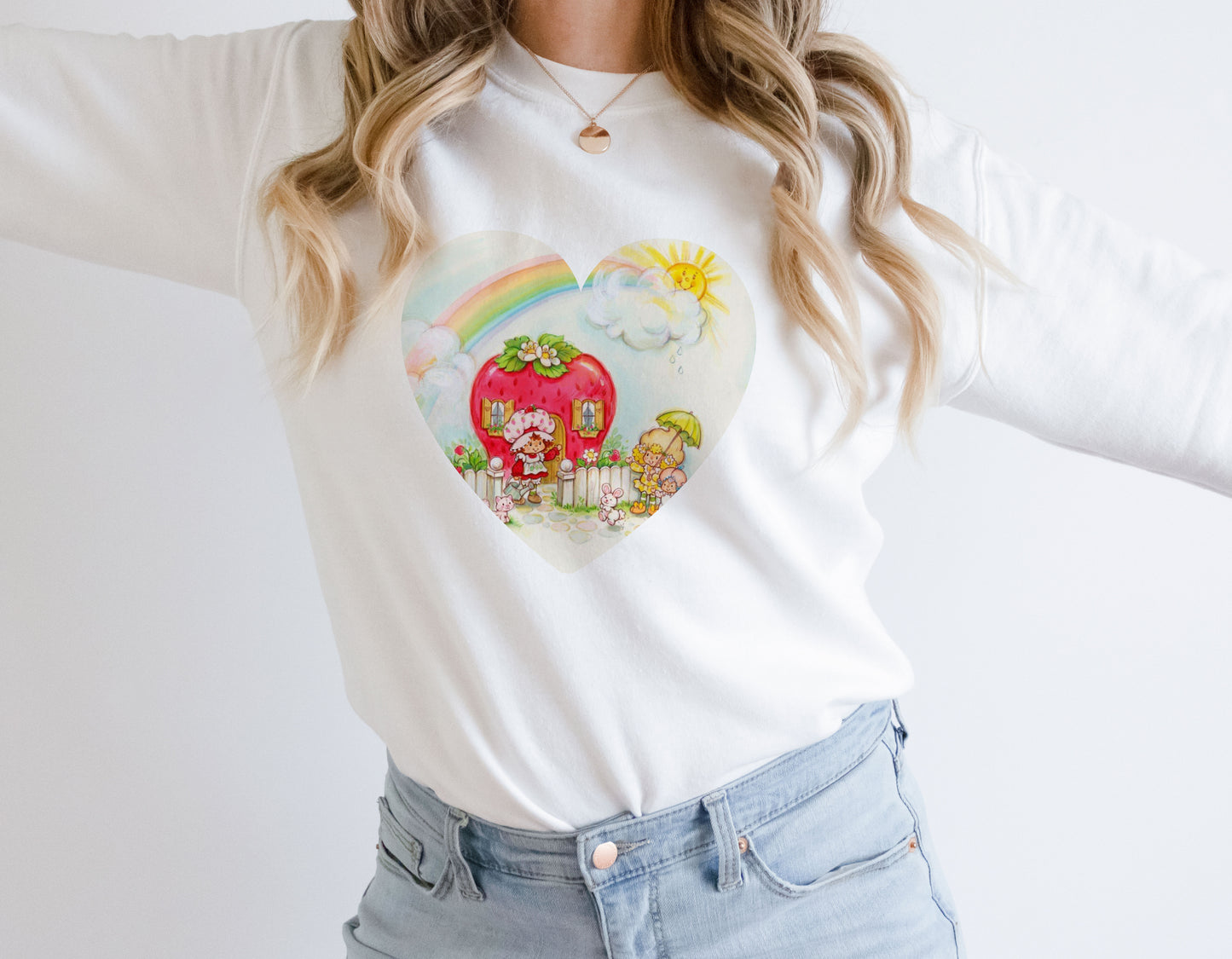 Adorable Vintage 1980's Strawberry Girl Cartoon WIth Rainbow and Sunshine | 80s Vintage Nostalgia Cozy Vintage Drop Shoulder Sweatshirt Sweater