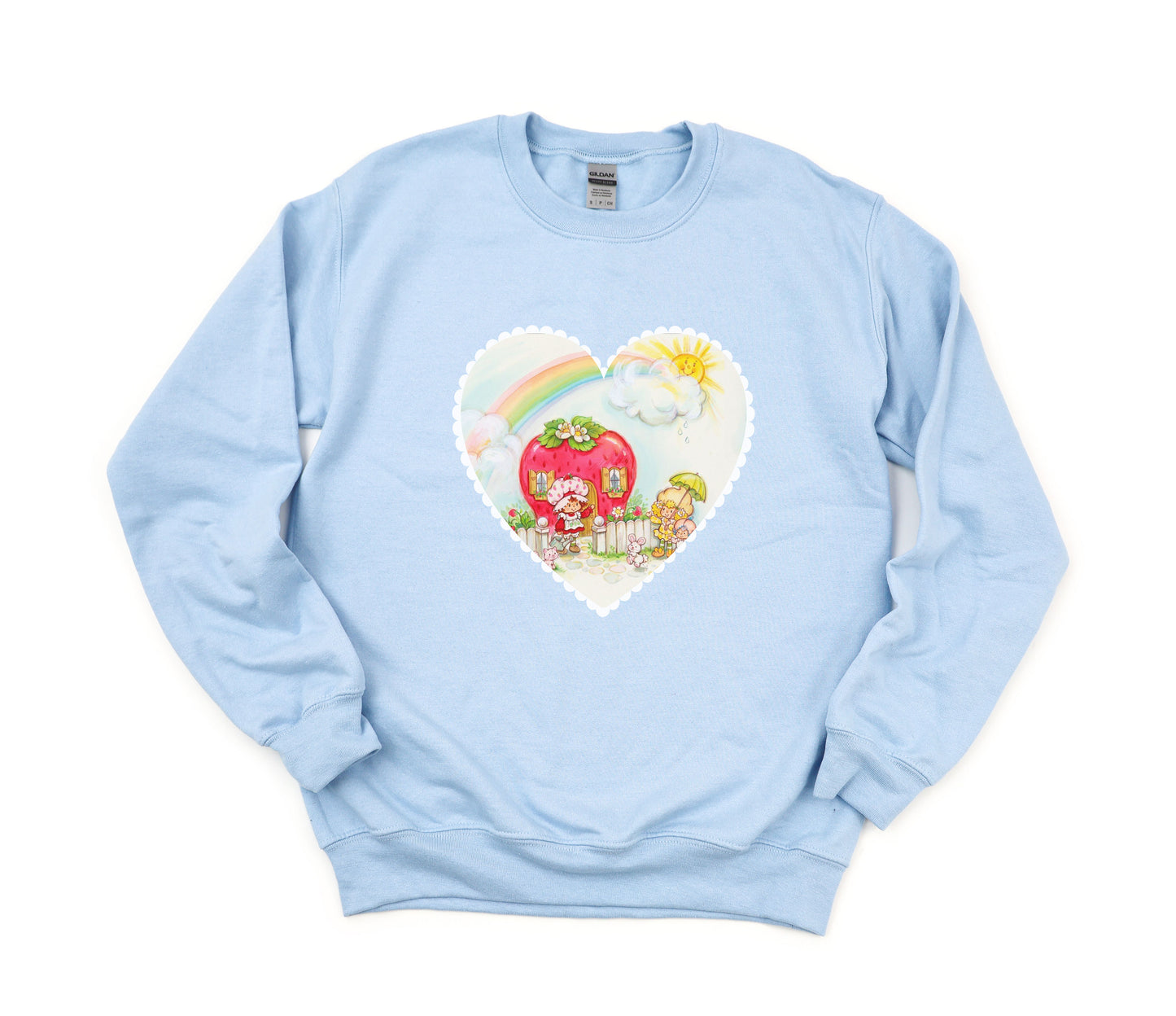 Adorable Vintage 1980's Strawberry Girl Cartoon WIth Rainbow and Sunshine | 80s Vintage Nostalgia Cozy Vintage Drop Shoulder Sweatshirt Sweater