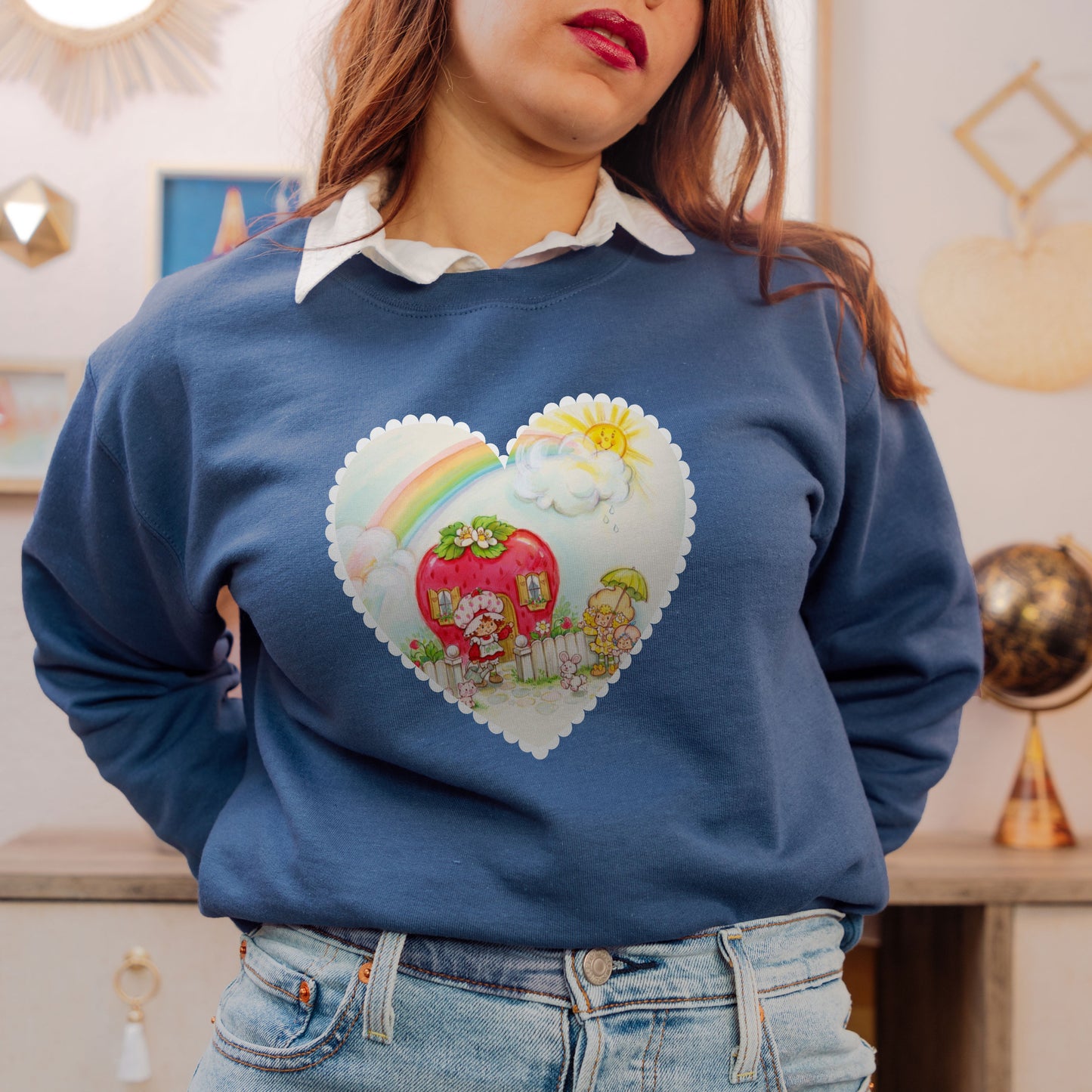 Adorable Vintage 1980's Strawberry Girl Cartoon WIth Rainbow and Sunshine | 80s Vintage Nostalgia Cozy Vintage Drop Shoulder Sweatshirt Sweater