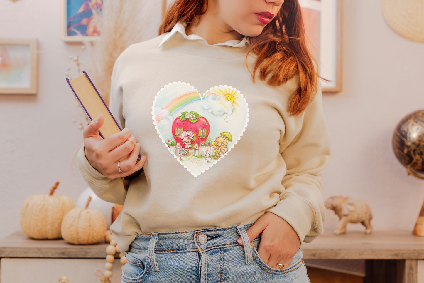 Adorable Vintage 1980's Strawberry Girl Cartoon WIth Rainbow and Sunshine | 80s Vintage Nostalgia Cozy Vintage Drop Shoulder Sweatshirt Sweater