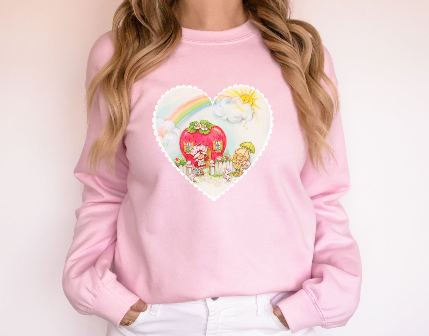 Adorable Vintage 1980's Strawberry Girl Cartoon WIth Rainbow and Sunshine | 80s Vintage Nostalgia Cozy Vintage Drop Shoulder Sweatshirt Sweater