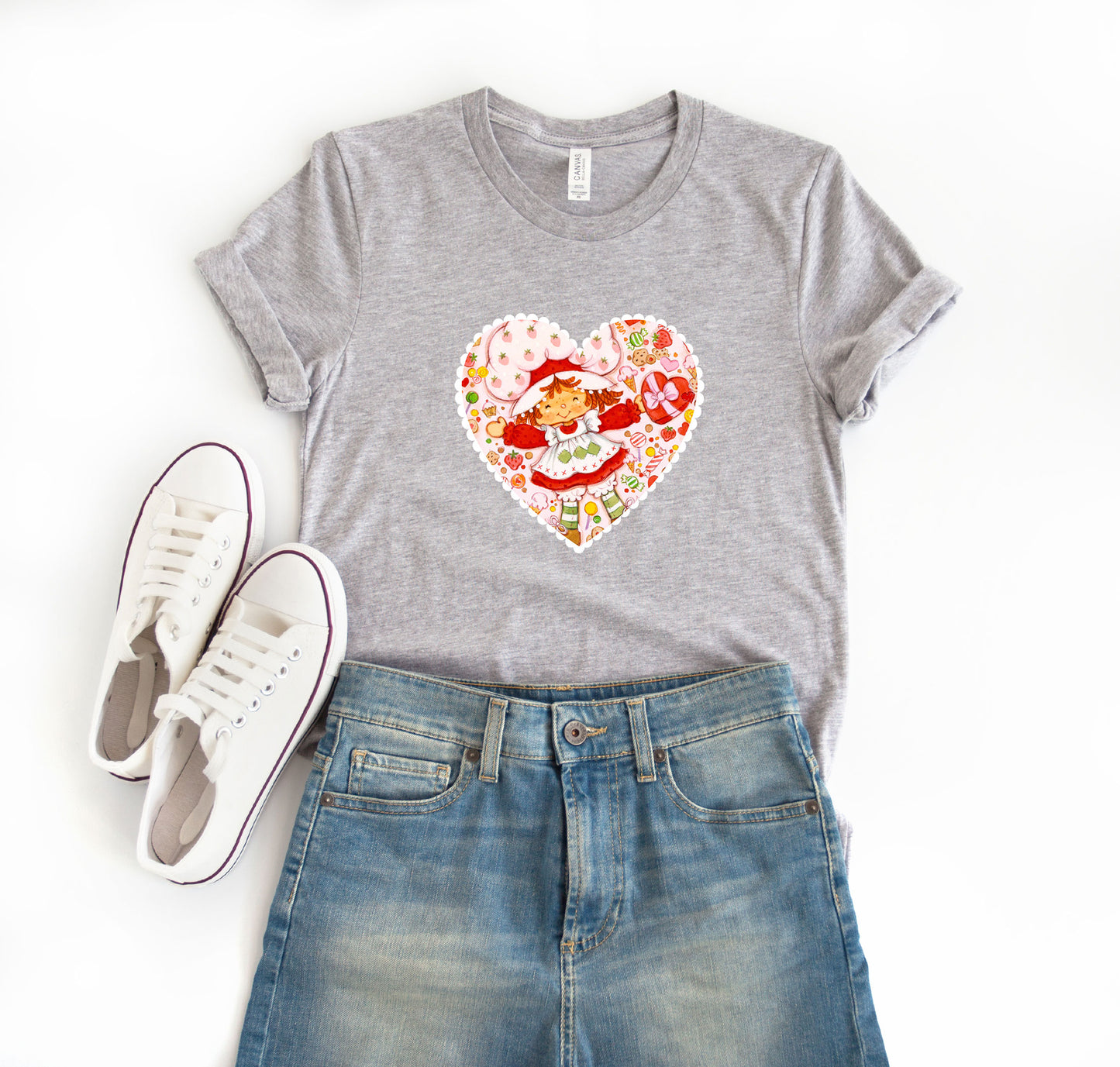 Adorable Vintage Strawberry Rainbow Girl Valentine Ruffle Heart | 80s Vintage Nostalgia Cozy T-shirt Tee 1980