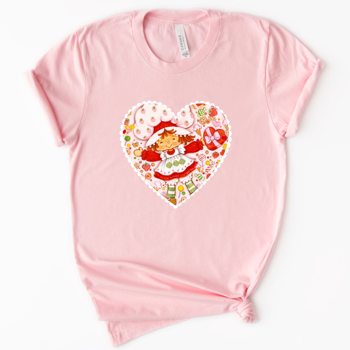 Adorable Vintage Strawberry Rainbow Girl Valentine Ruffle Heart | 80s Vintage Nostalgia Cozy T-shirt Tee 1980