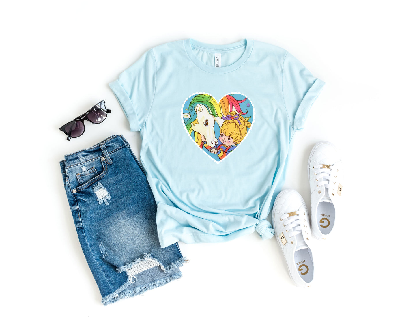 Bright Valentine Rainbow Pony Heart Ruffled Border| 80s Vintage Nostalgia Cozy T-shirt Tee 1980