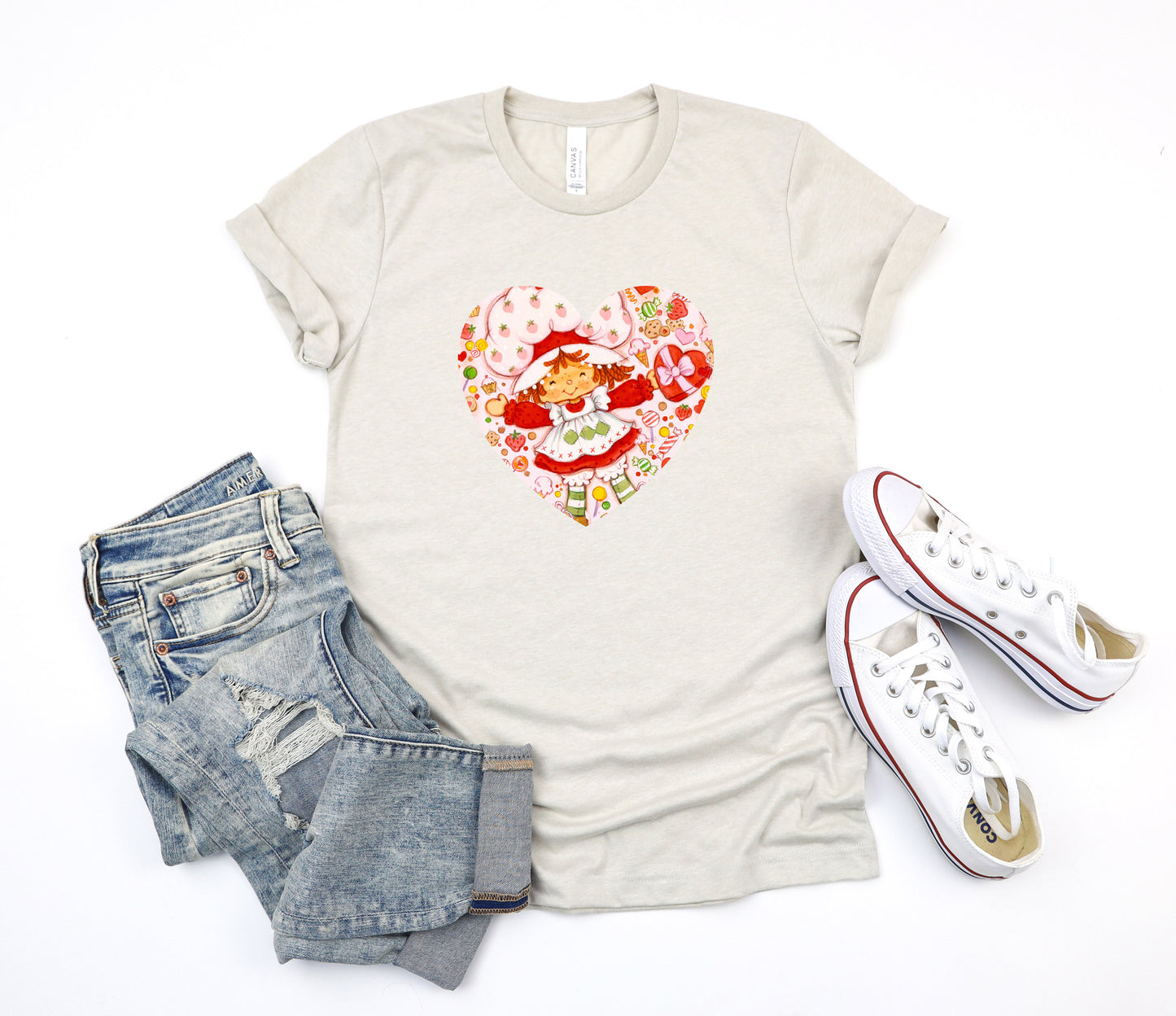 Adorable Vintage Strawberry Rainbow Girl Valentine No Border Heart | 80s Vintage Nostalgia Cozy T-shirt Tee 1980