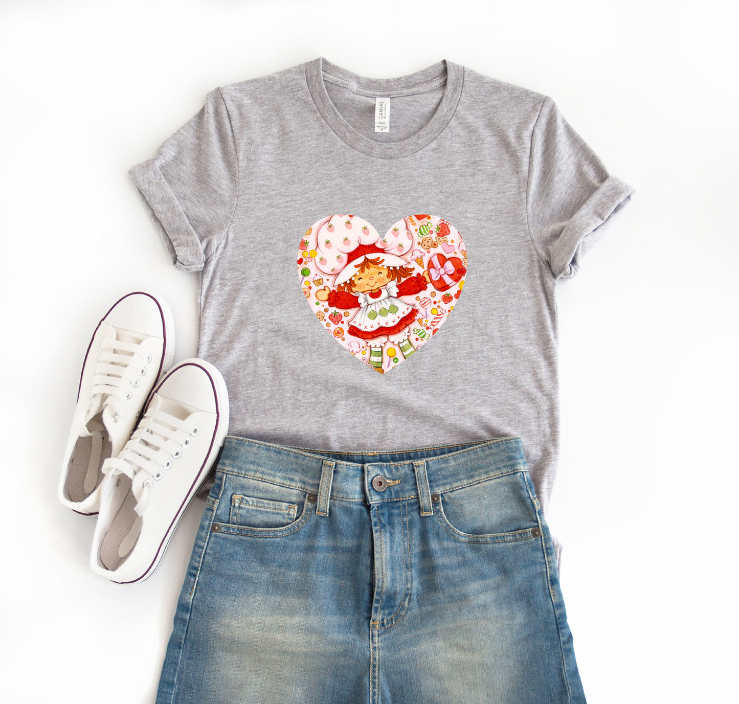 Adorable Vintage Strawberry Rainbow Girl Valentine No Border Heart | 80s Vintage Nostalgia Cozy T-shirt Tee 1980