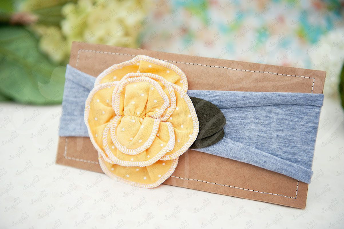 Shabby Chic "Kawaii" Headband - Sunflower Yellow Rosette, White Polkadots on Gray - Ema Jane