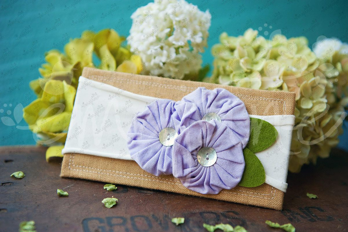 Shabby Chic "Kawaii" Headband - Lavender Button Rosettes on White - Ema Jane