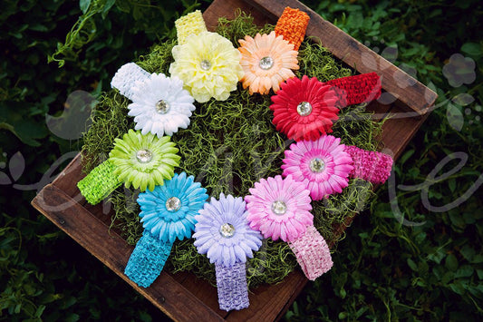 Spring Bling Flower Hair Clip Set with Crochet Headbands - Ema Jane