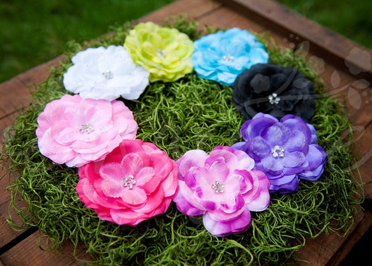 Shimmery Chiffon Jeweled Center Hair Flower Clips - Ema Jane