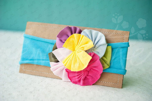 Shabby Chic "Kawaii" Headband - Rainbow Rosettes on Bright Turquoise - Ema Jane