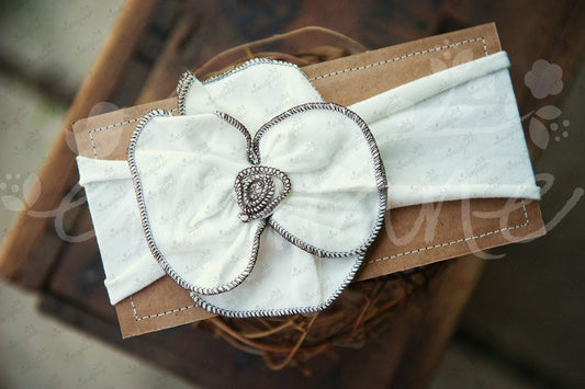 Shabby Chic "Kawaii" Headband - White Rosette with Brown Trim - Ema Jane