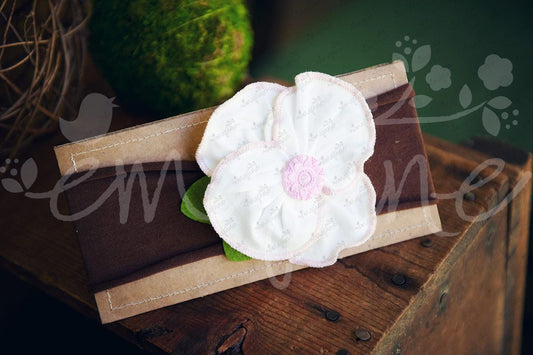 Shabby Chic "Kawaii" Headband - White with Pink Trim Rosette on Choco Brown - Ema Jane