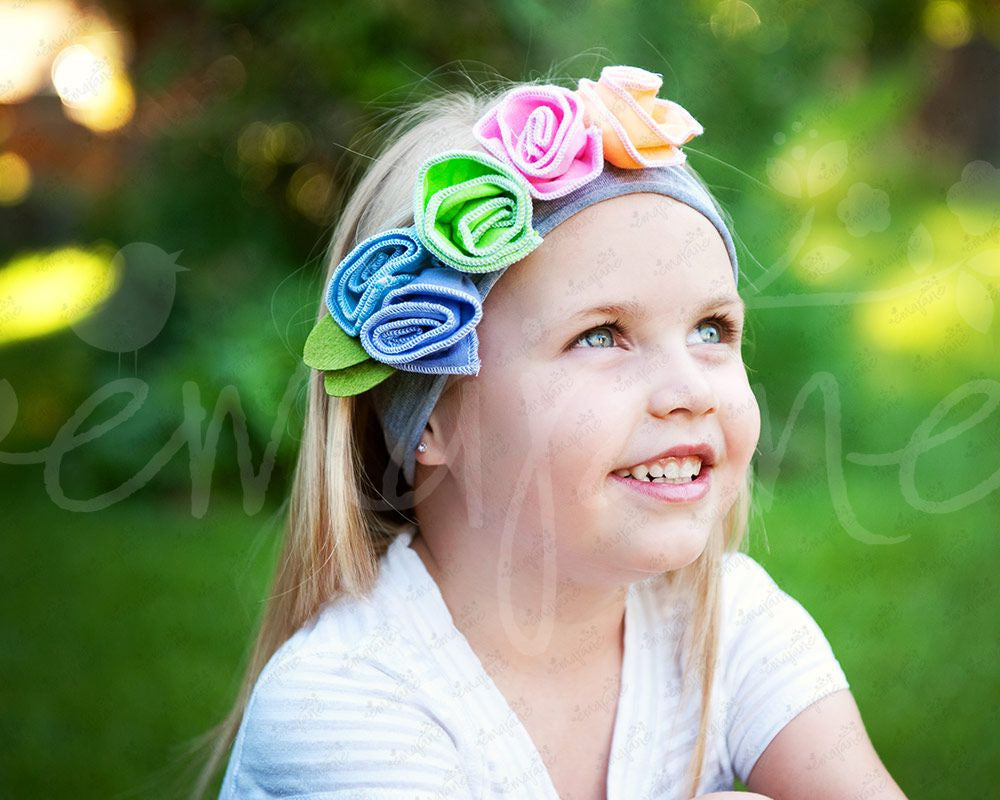 Shabby Chic "Kawaii" Headband - Candy Rainbow Roses on Light Gray - Ema Jane