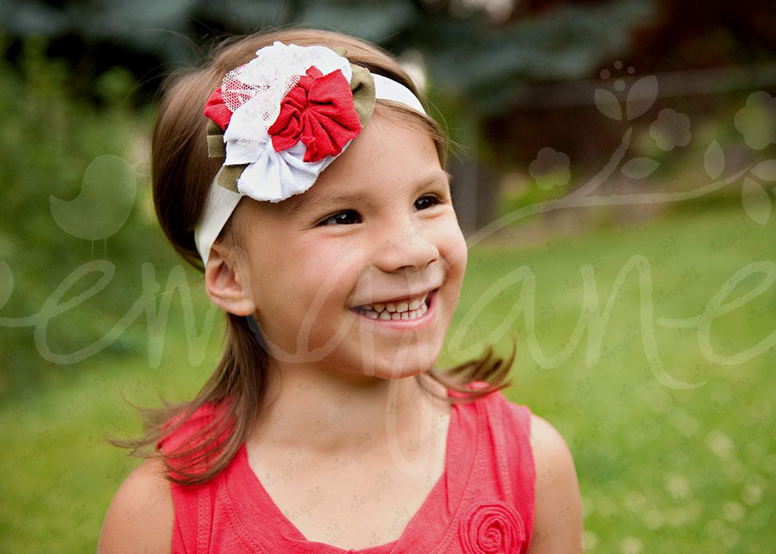 Shabby Chic "Kawaii" Headband - Cherry Red and White Rosette Blossoms on White - Ema Jane