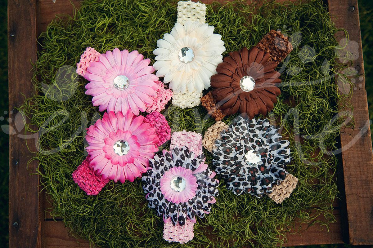 Gerber Daisy Flower Hair Clips (16) with Matching Crochet Headbands, Hair Flowers,Headbands,Hair Clips, Ema Jane Boutique