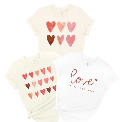 Artsy Pink Tone Kindness Watercolor Hearts Soft Graphic Tees (Unisex for Women)
