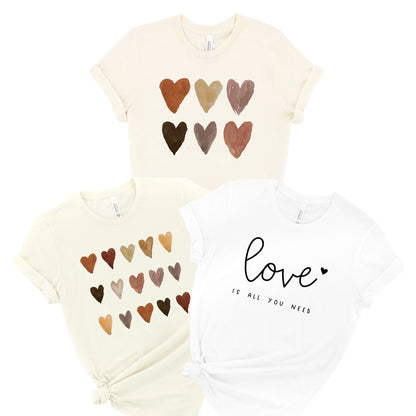 Artsy Melanin Skin Tone Kindness Watercolor Hearts Soft Graphic Tees (Unisex for Women)