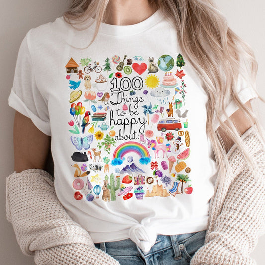100 (one hundred) Things to be Happy About | Happiness Positivity Joy | UNISEX Relaxed Jersey T-Shirt for Women