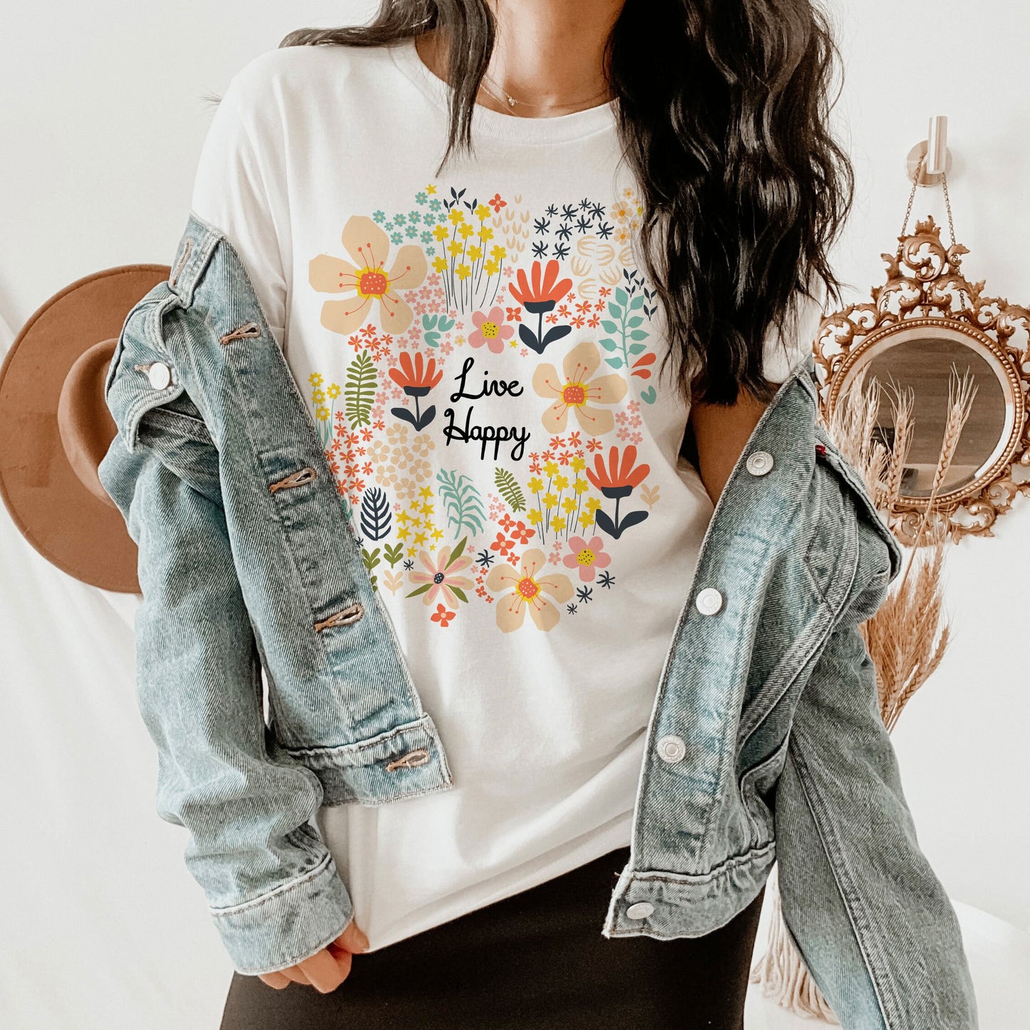 Live Happy Vintage Floral Happiness Flowers Retro Kindness | DesIndie | UNISEX Relaxed Jersey T-Shirt for Women