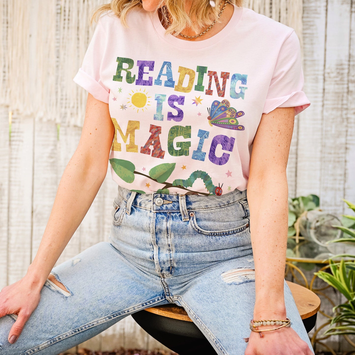Reading is Magic Caterpillar Reading Butterfly Teacher Reading School Books Nostalgia Design | UNISEX Relaxed Jersey T-Shirt for Women
