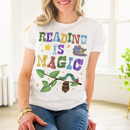 Reading is Magic Caterpillar Reading Butterfly Teacher Reading School Books Nostalgia Design | UNISEX Relaxed Jersey T-Shirt for Women