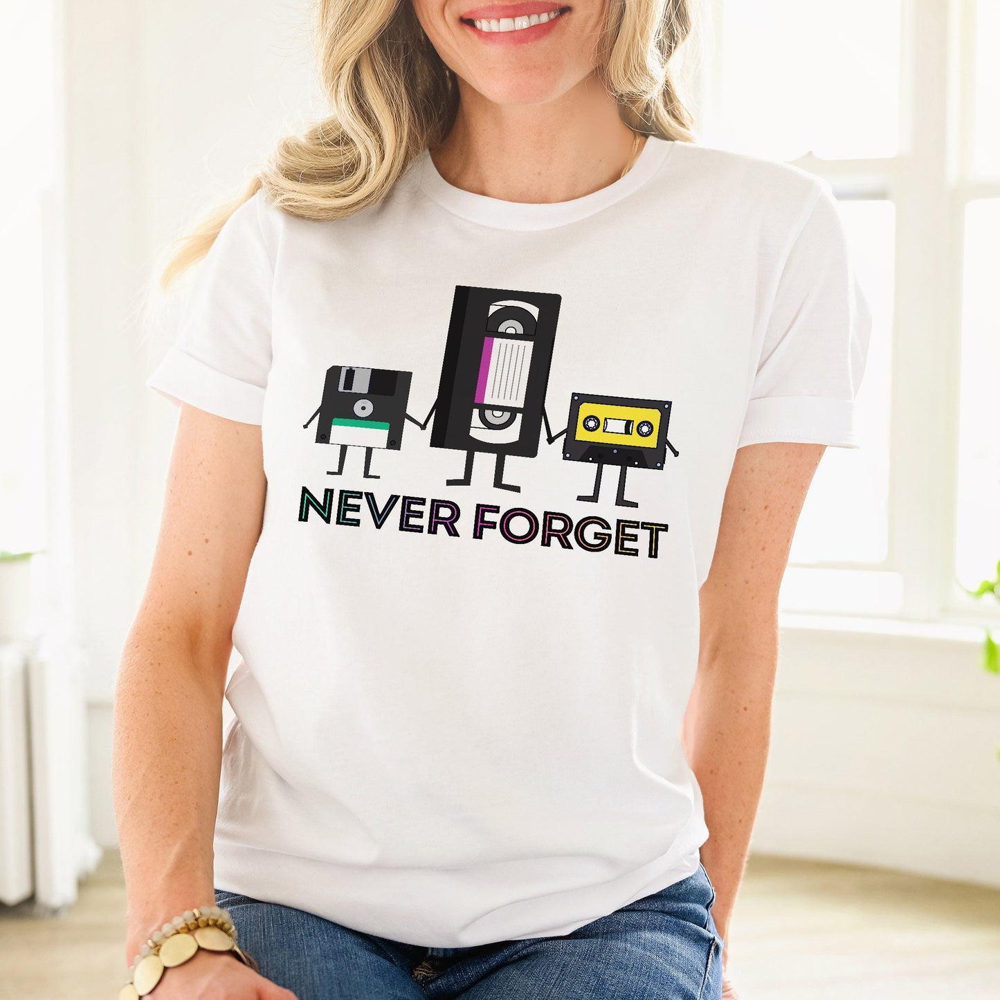 Never Forget VHS Floppy Disk Tape Deck 1980s 80s Retro Nostalgia Millenial Throwback | Unisex for Women and Men Tees