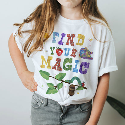 YOUTH | Find Your Magic Caterpillar Reading Butterfly Reading Books Nostalgia Design | UNISEX Relaxed Jersey T-Shirt for Youth boys or Girls