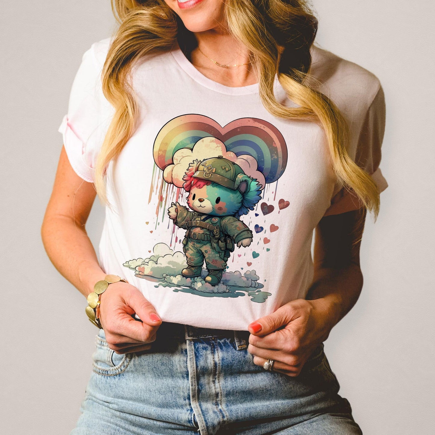 Illustrated Bears that Care 80s 1980s Army Brat Nostalgia Parody AI Generated Graphic Tee Unisex Soft Tee T-shirt for Women or Men