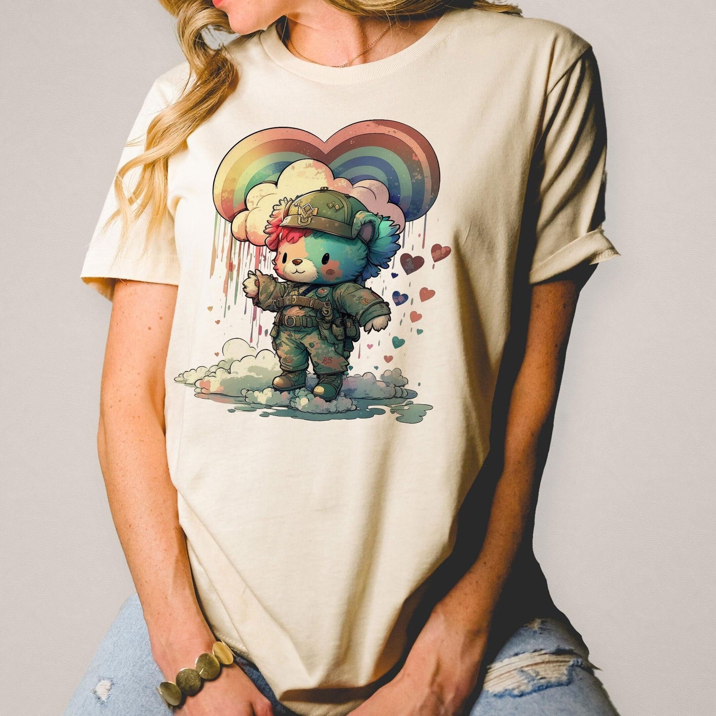 Illustrated Bears that Care 80s 1980s Army Brat Nostalgia Parody AI Generated Graphic Tee Unisex Soft Tee T-shirt for Women or Men