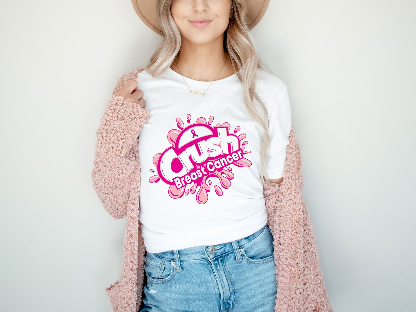 Crush Cancer Soda Pun Pink Ribbon Fight Breast Cancer Support Tee Style Ultra Soft Graphic Tee Unisex Soft Tee T-shirt for Women or Men