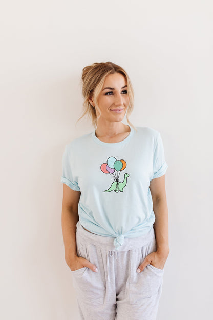 Dino Dinosaur Floating with Balloons Ultra Soft Graphic Tee Unisex Soft Tee T-shirt for Women or Men