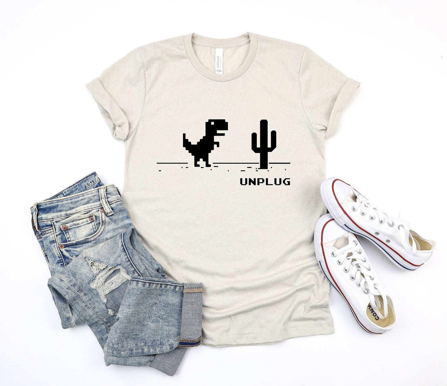 Unplug No Internet Down Vintage Retro Pixel Dino Dinosaur  | UNISEX Relaxed Jersey T-Shirt for Women and Men