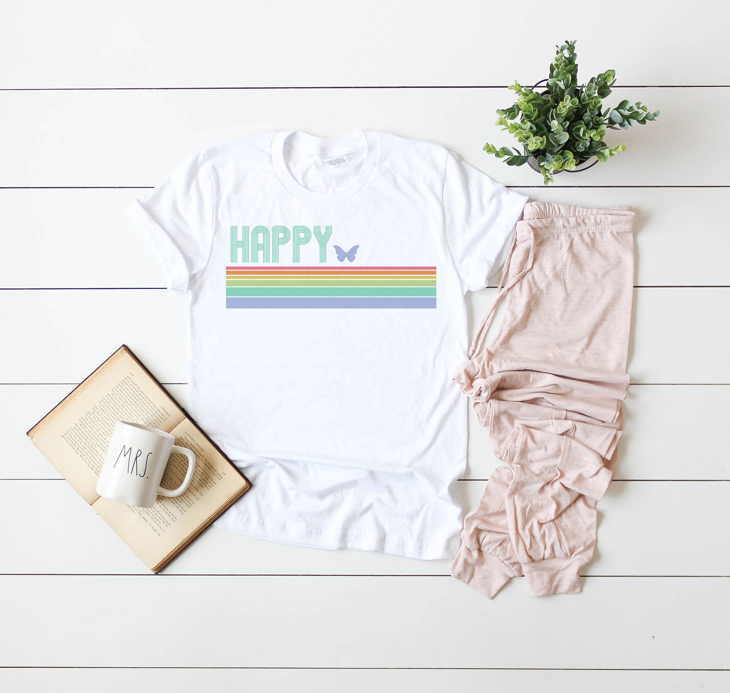 Happy Pastel Butterfly Stripes Silhouette Ultra Soft Graphic Tee Unisex Soft Tee T-shirt for Women or Men