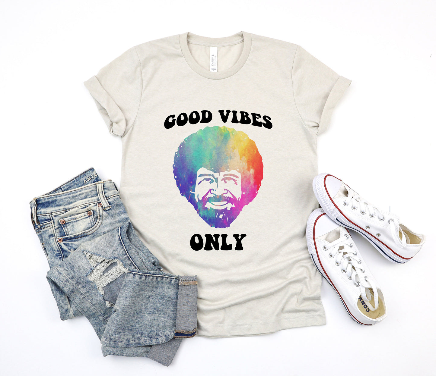 Bob Ross Happy Little Trees Painter Good Vibes Only Retro Boho Hippie Style Ultra Soft Graphic Tee Unisex Soft Tee T-shirt for Women or Men