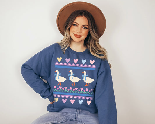 Vintage Goose Duck 1980's Dishes Style Cottage Core Ultra Cozy Retro Drop Shoulder Graphic Sweatshirt for Women or Men