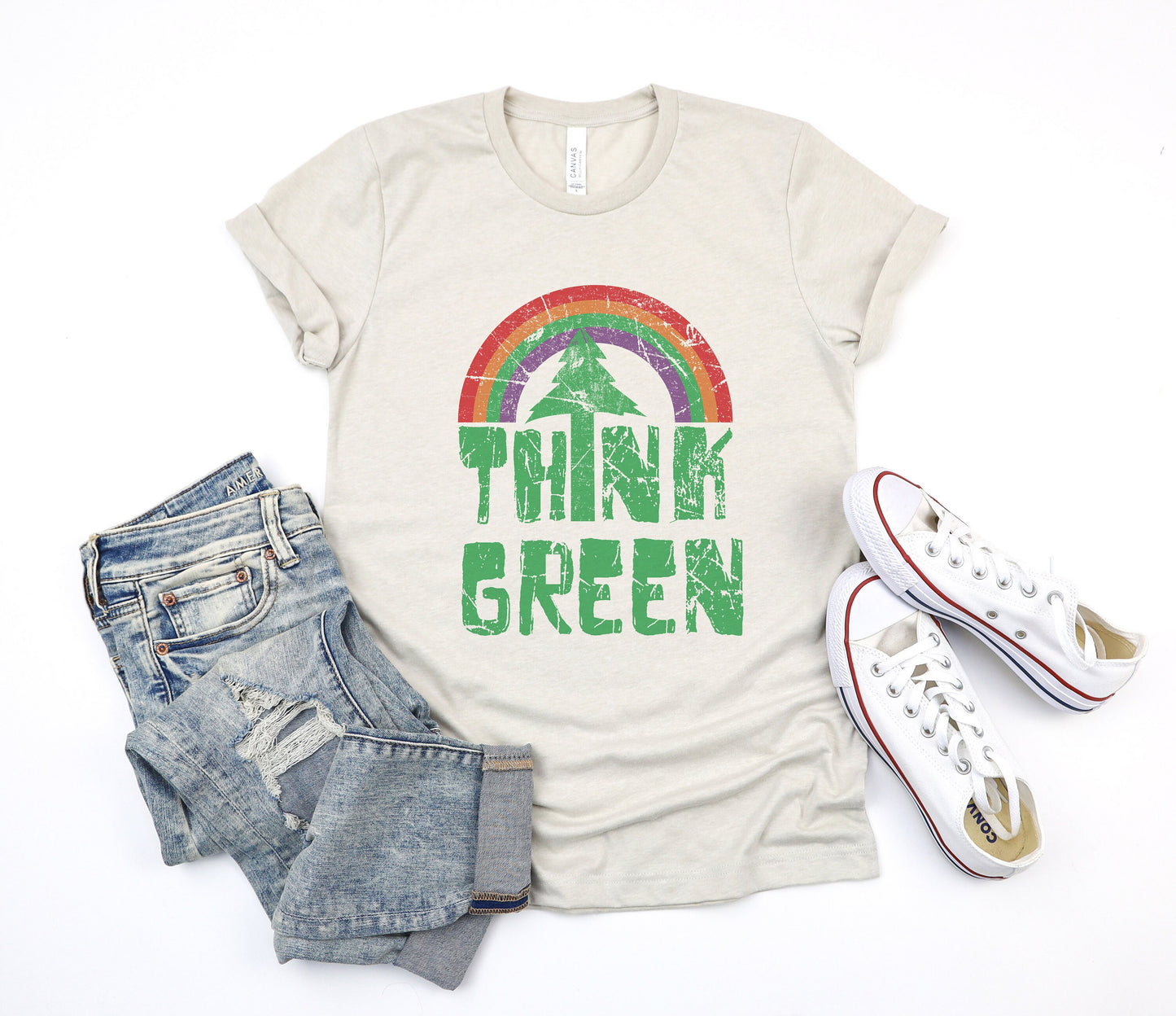 Think Green Rainbow Pine Tree  Earth Day Retro Boho Hippie Style Ultra Soft Graphic Tee Unisex Soft Tee T-shirt for Women or Men