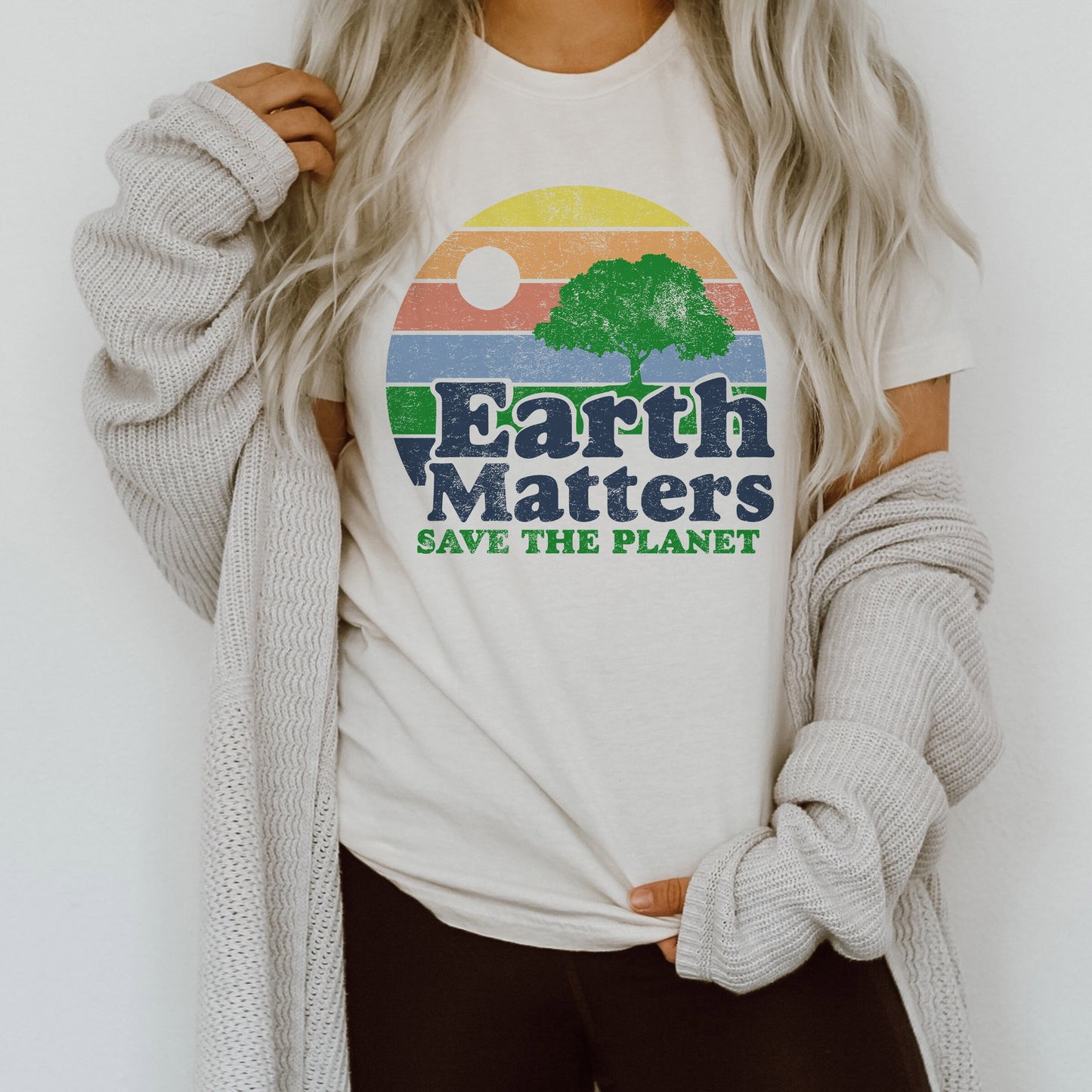 Earth Matters Sunset Earth Day Retro Boho Hippie Style Ultra Soft Graphic Tee Unisex Soft Tee T-shirt for Women or Men