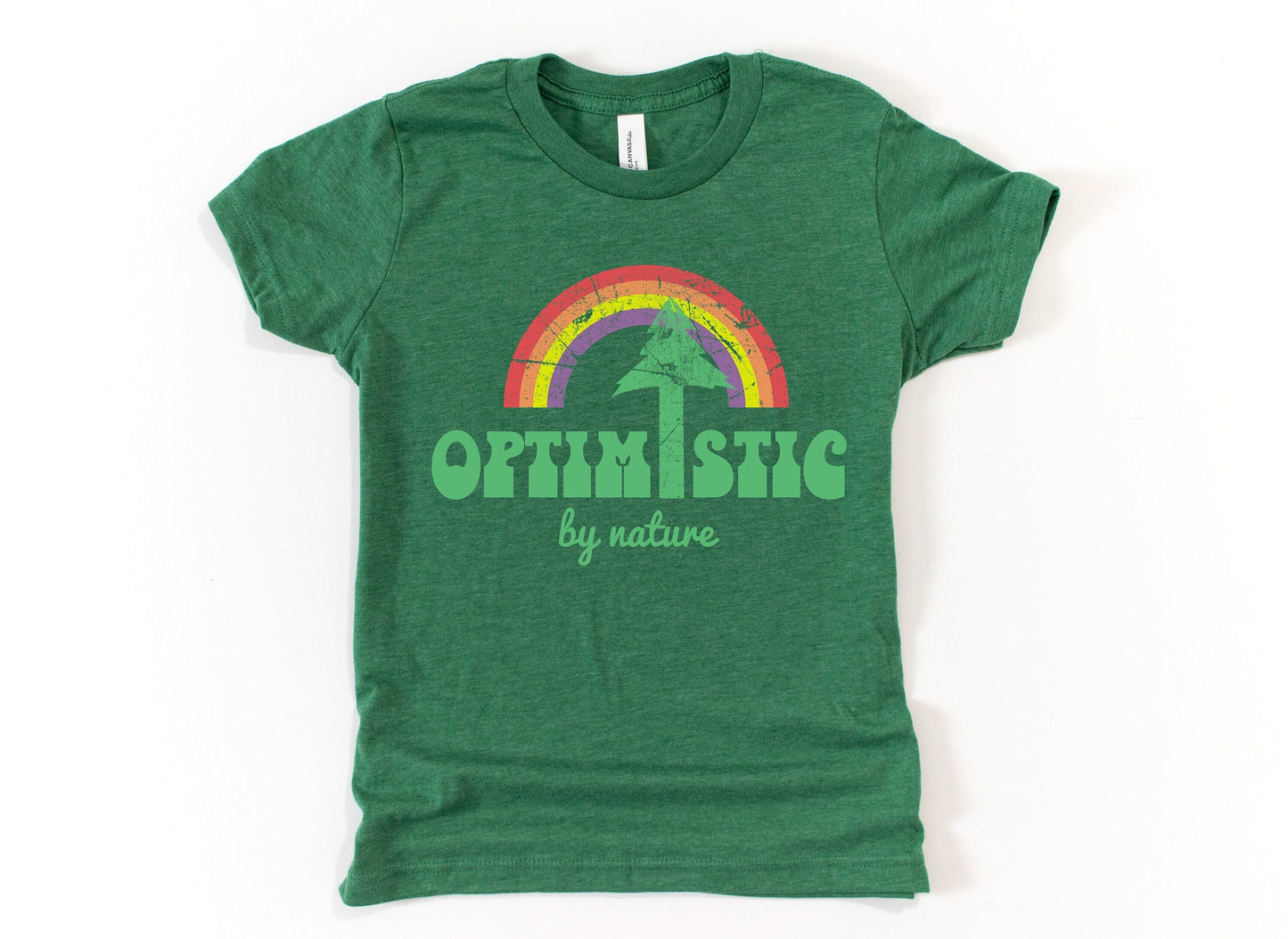 Optimistic By Nature Rainbow Pine Tree Earth Day Retro Boho Hippie Style Ultra Soft Graphic Tee Unisex Soft Tee T-shirt for Women or Men