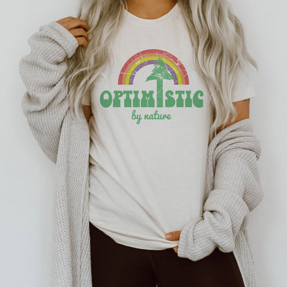 Optimistic By Nature Rainbow Pine Tree Earth Day Retro Boho Hippie Style Ultra Soft Graphic Tee Unisex Soft Tee T-shirt for Women or Men