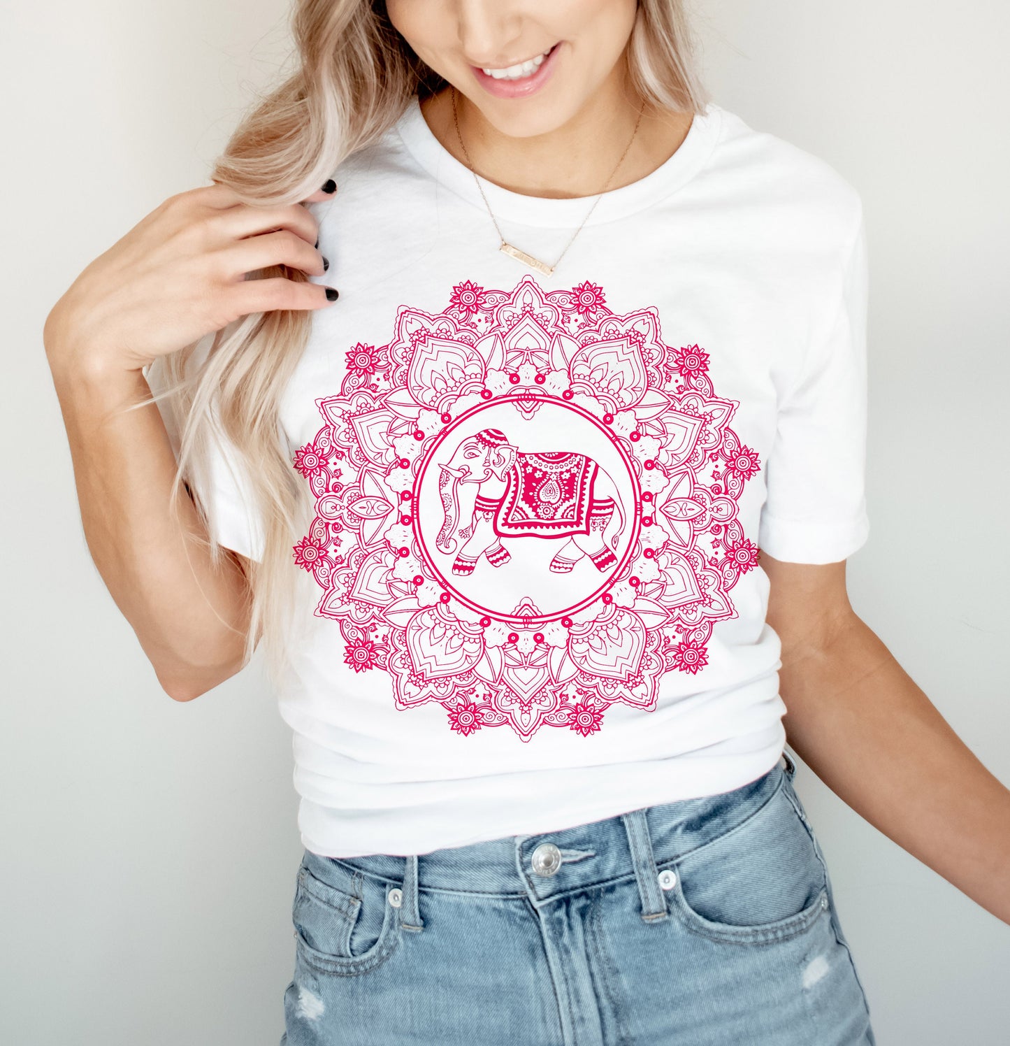Pink Indian Elephant Mandala Retro Boho Hippie Style Ultra Soft Graphic Tee Unisex Soft Tee T-shirt for Women