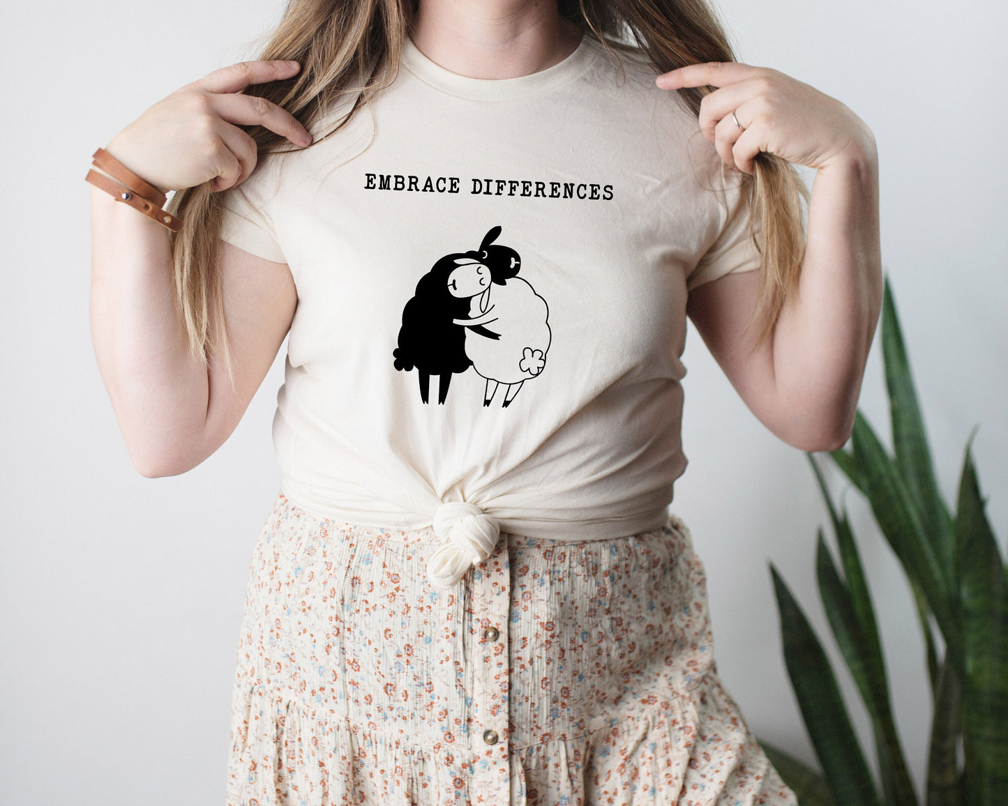 Embrace Difference White and Black Sheep Hugging  Ultra Soft Graphic Tee Unisex Soft Tee T-shirt for Women