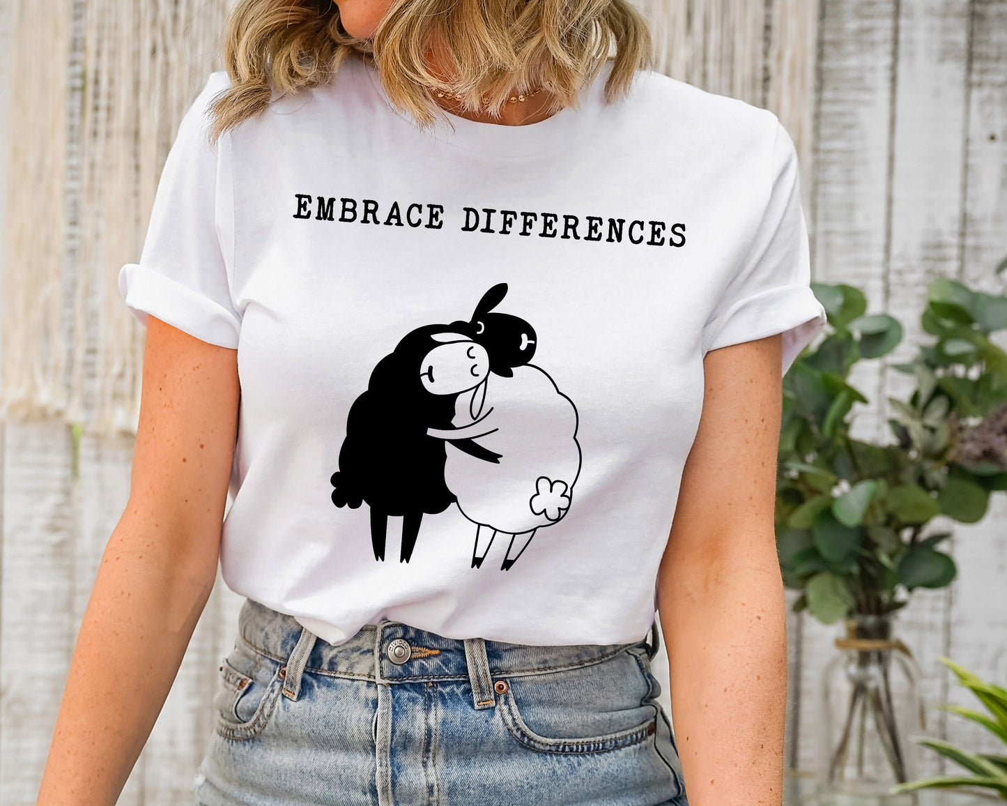 Embrace Difference White and Black Sheep Hugging  Ultra Soft Graphic Tee Unisex Soft Tee T-shirt for Women