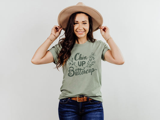 Chin Up Buttercup Floral Cottage Core Uplifting Sunshine Ultra Soft Graphic Tee Unisex Soft Tee T-shirt for Women or Men