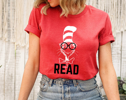 Read Picture of A Cat Wearing With Glasses Unisex Soft Tee T-shirt for Women or Men