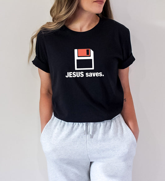 Jesus Loves 1980's Style Floppy Disk Christian Funny Ultra Soft Graphic Tee Unisex Soft Tee T-shirt for Women or Men