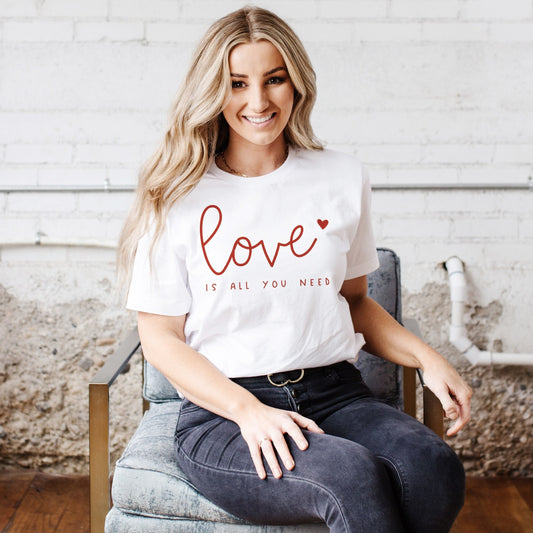 Love Is All You Need Cursive Heart Kindness Respect Soft Graphic Tees (Unisex for Women)