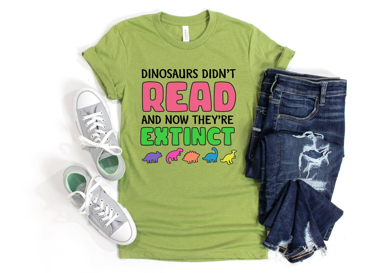 Dinosaurs Didn't Read Now They Are Extinct Funny Dino Dinosaur T-Shirts for Women Cute T-Rex  | UNISEX Relaxed Jersey T-Shirt for Women