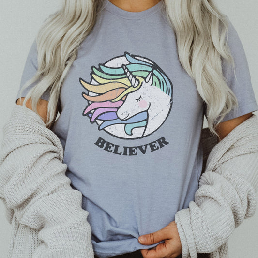 Believer Unicorn Vintage 1980's Style My Little Horse Unicorn Pony Pun Ultra Soft Graphic Tee Unisex Soft Tee T-shirt for Women or Men