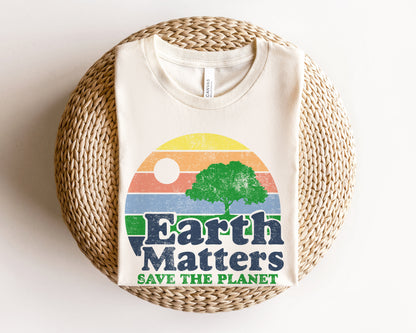 Earth Matters Sunset Earth Day Retro Boho Hippie Style Ultra Soft Graphic Tee Unisex Soft Tee T-shirt for Women or Men